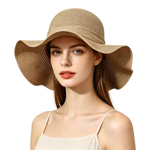 Women Floppy Sun Hat with Wide Brim, Foldable Roll-Up Straw Beach Hat Summer Hat for Travel - color: Khaki