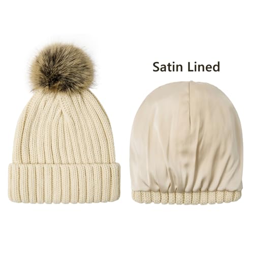 Satin Lined Beanie for Women with Detachable Pom Pom, Winter Cuffed Hat - color: Beige