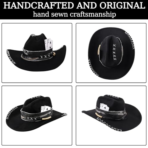 Black Cowboy Hat for Men Women Felt Western Hat with Blue Stone Necklace