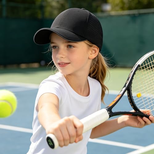 Girls Criss Cross Ponytail Hat Mesh Baseball Cap Kids Quick Dry Ponycap Hats Outdoor Summer Sports Hat Age 7-12 - color: Black