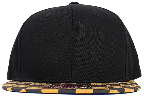 KBETHOS Classic Snapback Hat Blank Cap Underbrim Cotton Wool Blend Flat Visor Adjustable Unisex - color: Black Wheat Checkered Brim Snapback