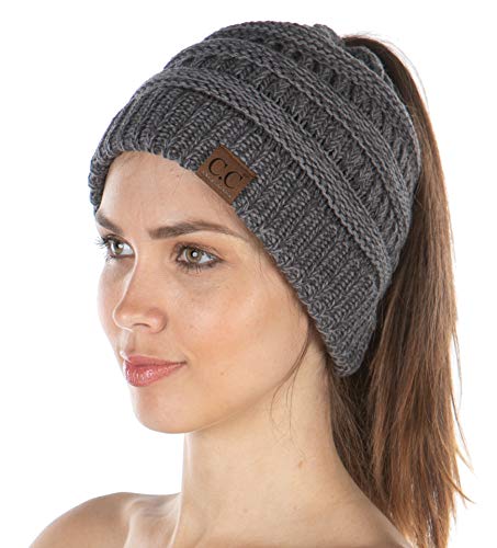 Funky Junque Exclusives Ponytail Beanie for Women – Cable Knit Womens Winter Hat, High Pony Tail Running Beanies - color: Grey - Tricolor Mix