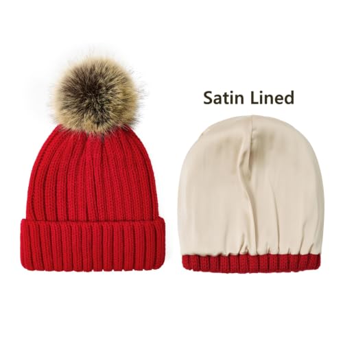 Satin Lined Beanie for Women with Detachable Pom Pom, Winter Cuffed Hat - color: Red