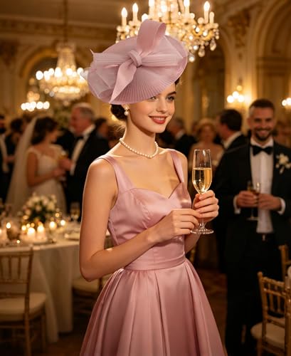 Kidukso Fascinators Hats for Women Derby Hats Tea Party Hat Mesh Headwear with Feather for Church Cocktail Wedding - color: Nude Pink