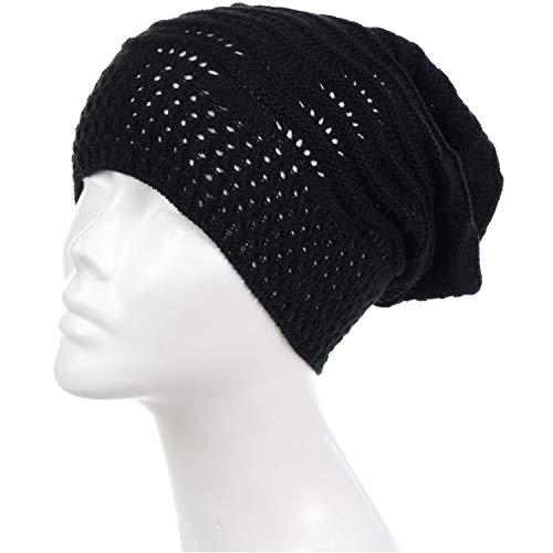 BYOS Women's Airy Cool Lightweight Cutout Long Slouchy Crochet Knit Beanie Hat - color: 2 Pack-wavy Line Burgundy & Bk