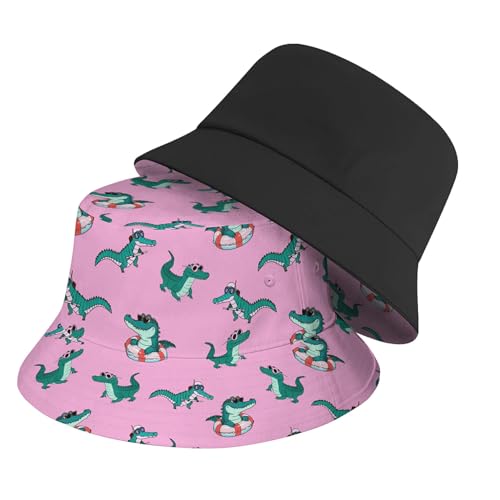 Amasnay Funny Bucket Hat Cotton Double-Side-Wear Reversible Sun Hat for Women Men, Summer Vacation Travel Beach Fisherman Hat - color: Funny Pink Crocodile
