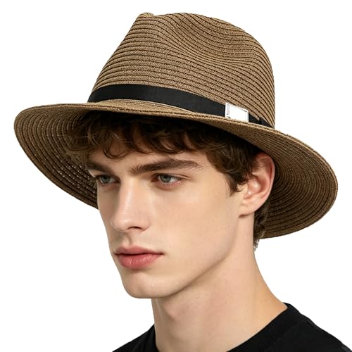 Men's Floppy Packable Straw Hat Beach Cap Newsboy Fedora Sun Hat, Big Brim, Adjustable Chin Strap - color: Coffee