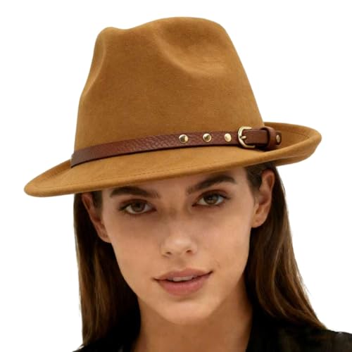 Short Brim Fedora Hats for Men Women Suede Fedora Hats with Belt Buckle Panama Trilby Hats - color: Khaki