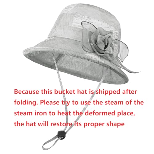 Women Flower Bowler Sun Hat Wide Brim Cloche Bucket Hat Foldable Breathable Wedding Church Tea Party Fascinator - color: Grey