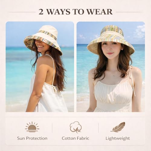 Wide Brim Sun Hat for Women Reversible Beach Hats Metal Wired Edge Gardening Hats, UPF 50+ Bucket Summer Hat - color: Beige Boho-style