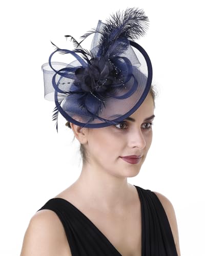 Women's Organza Church Vintage Wedding Fascinator Tea Party Wedding Hat Summer - color: Hj11-navy