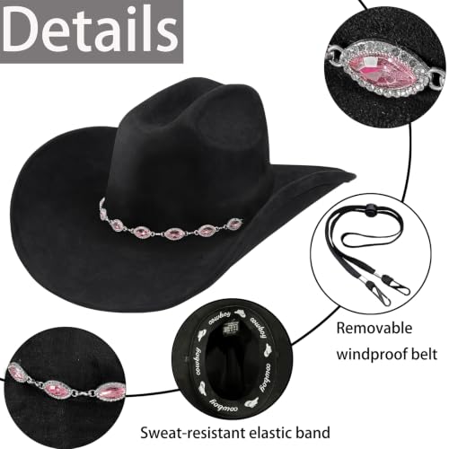 Western Cowboy Hat for Men Women,Shapeable Wide Brim Felt Fedora Classic Cowgirl Hats for Cowboys and Cowgirls,with bolo tie - color: Black-g, size: Large-X-Large