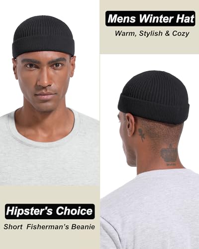 Short Beanie for Men Women, Wool Knit Cuff Winter Fisherman Hats - color: 1pcs-black