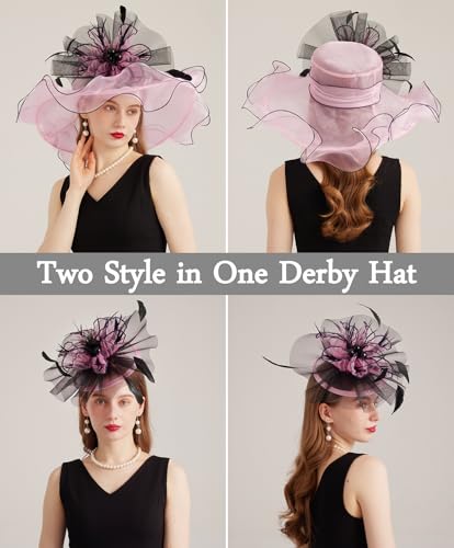 Women Derby Fascinator Hat Organza Church Wedding Hats Wide Brim Cocktail Tea Party Hat - color: 35pink