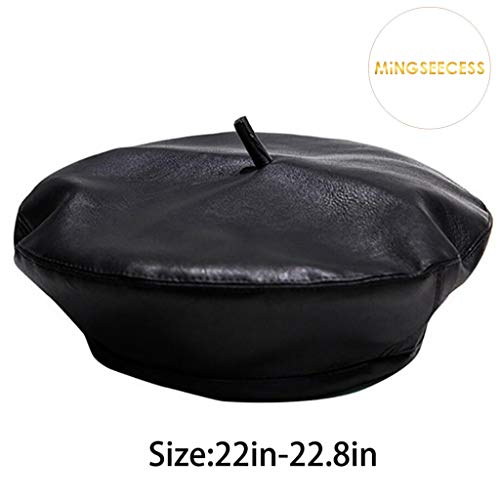 MINGSEECESS Women PU Leather French Black Beret Hat Causal Beanie Hat - color: Black