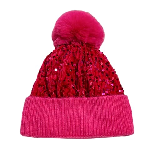 Women Girls Winter Sequin Beanie Hat with Faux Fur Pom Pom Knit Skull Cap - color: Knit-rose Pink