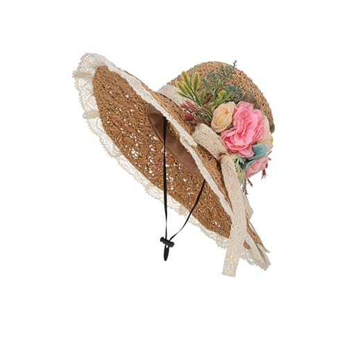 Wide Brim Straw Sun Hats for Women, Elegant Sun Beach Hats with Flower Bow, Adjustable Foldable Summer Vacation Cap - color: Khaki