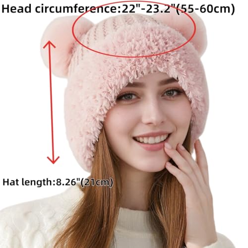 Womens Winter Knitted Beanie Hat with Double Faux Fur Pompom Fuzzy Warm Knit Ski Skull Cap for Women - color: Pink