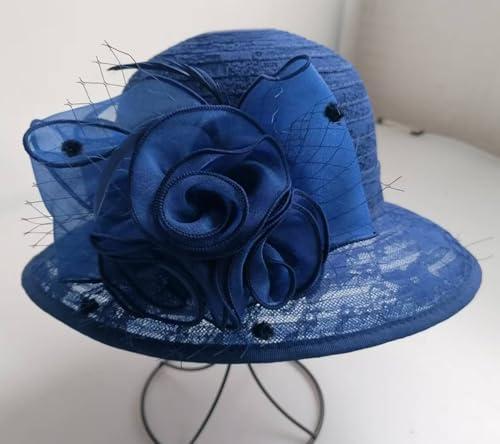 Organza Fascinator Hat - Women’s Wide Brim Church Bridal Tea Party Wedding Hat - color: 03-dark Blue
