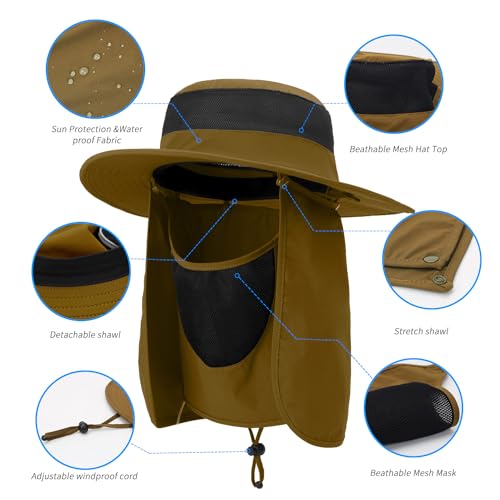 Outdoor Sun Hat UPF 50 Protection Waterproof Fishing hat Face Cover Summer Neck Flap Hat - color: Caramel