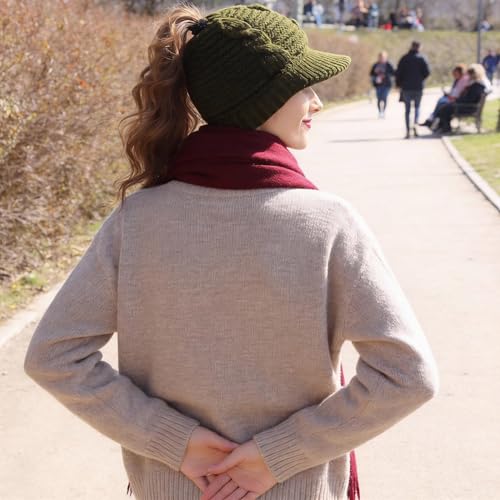 Women's BeanieTail Warm Knit Hat Messy High Bun Ponytail Visor Beanie Cap - color: B340-green, size: Medium