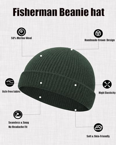 Thin Fisherman Knit Beanie Hat for Men Women Wool Cuffed Skull Caps - color: 1 Olive Green