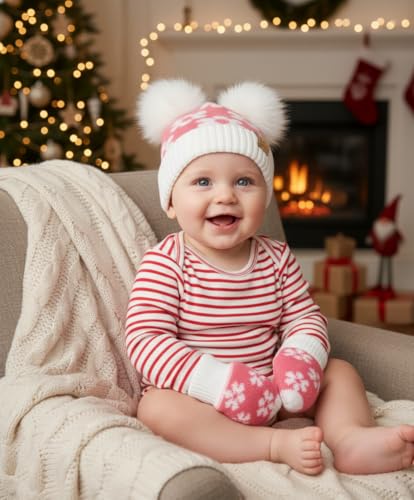 Funky Junque Baby Double Faux Fur Pom Pom Beanie & Mittens Set – Newborn Infant 0–9 Months Winter Hat with Soft Lined Mittens - color: Daisy: Candy Pink (0-9 Months)