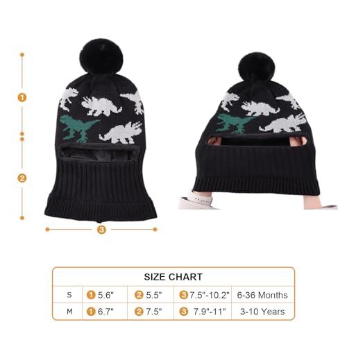 JANGANNSA Winter Baby Knit Hat Scarf Kids Boy Girl Hood Hat Toddler Beanie - color: Black Dinosaur, size: 3-10 Years