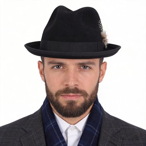 FORBUSITE Wool Felt Wide Brim Fedora Hats for Women Men - color: B5070-lm-black, size: X-Large