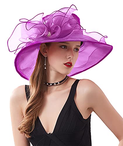 Women's Kentucky Derby Church Dress Hat Wide Brim Leaf Flower Bridal Shower Hat - color: J1-brightpurple