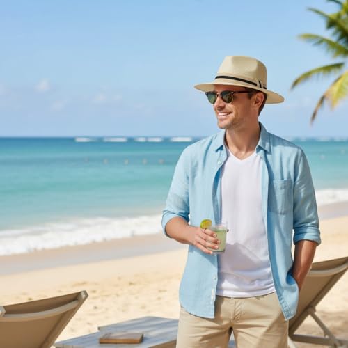 Mens Wide Brim Summer Straw Fedora Beach Sun Hats Panama - color: 2pack Set G