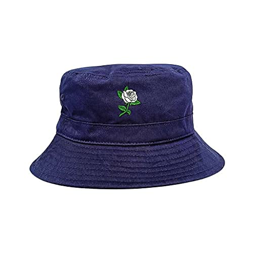 White Rose Embroidered Bucket Hat, Unisex Hat, Summer Hat, Sun Hat - color: Navy