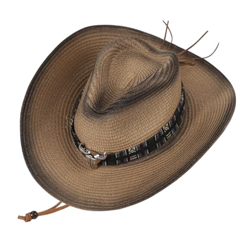 Western Straw Cowboy Cowgirl Hat for Men Women Wide Brim Cowboy Hat with String Shapeable Sun Beach Cap Fishing Cap - color: Black-brown