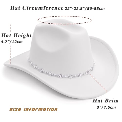 AQOKKA Western Cowboy Hat for Women Men Wide Brim Retro Felt Fedora Cowgirl Hats Classic Unisex Rolled up Caps Outdoor - color: White
