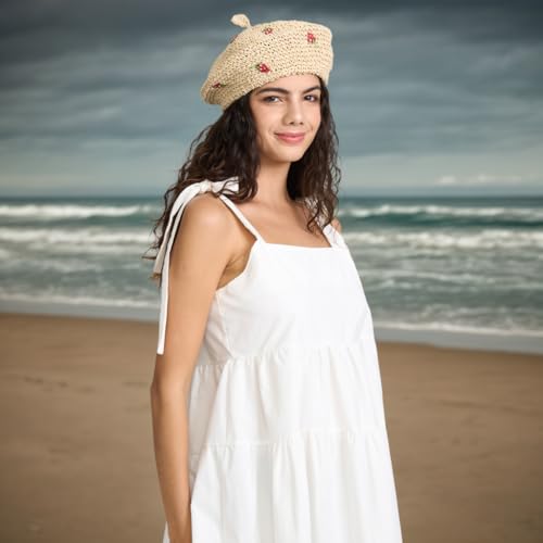 Straw Beret Summer French Beret Hats for Women Artist Crochet Beret - color: Strawberry Beige