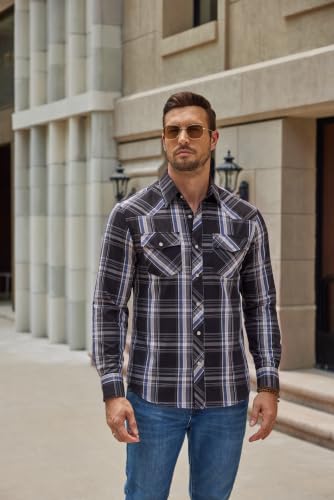 COOFANDY Men's Western Cowboy Shirts Casual Button Down Shirt Long Sleeve - color: Dark Blue Plaid, size: Medium