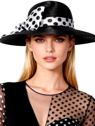 Women Wide Brim Rose Black Patchwork Kentucky Hat for Wedding Party Hat Big Bowknot Polka Dots Fedora Hats - color: Black