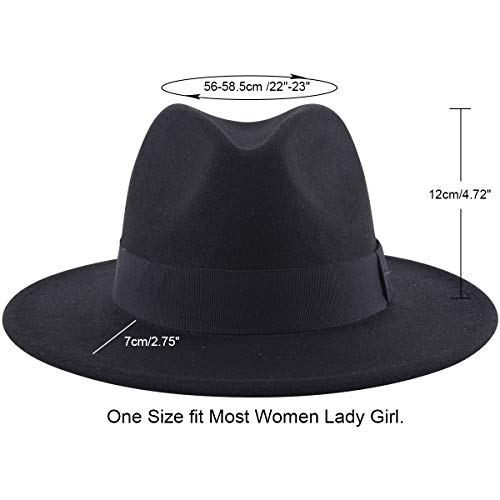 Lanzom Classic Fedora Hats for Women Lady Wide Brim Felt Panama Hat with Belt Buckle - color: Black