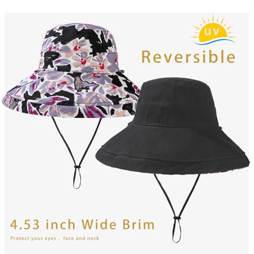 vidsel Womens Sun Hats Wide Brim Reversible Bucket Cotton Hat with Hat Clip - color: Black, size: Medium