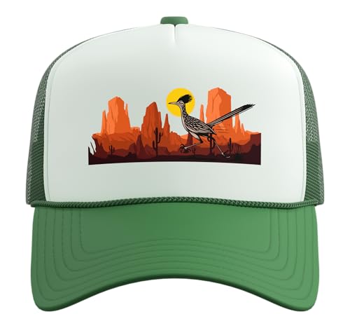 Roadrunner Bird Desert Vibes Arizona New Mexico Nevada Trucker Hat with Adjustable Mesh Back - color: Kelly Green/White