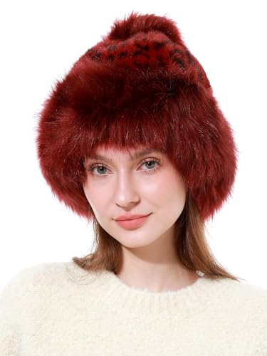 LA CARRIE Women's Hat Russian Cossack Pompom Cap for Winter Ski Snow - color: Leopard Red