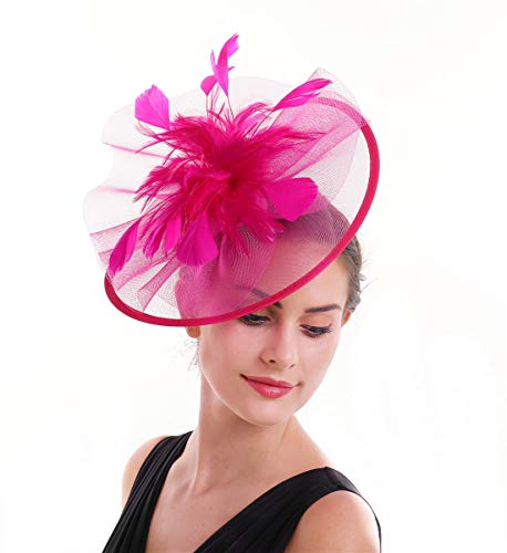 SAFERIN Women's Fascinators Feathers Tea Party Hat Veil Headband with Hair Clip for Cocktail Church - color: A-fuchsia