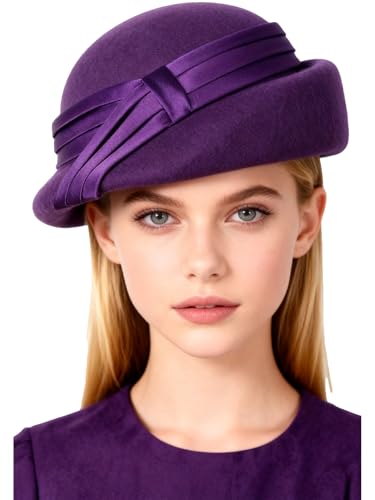 Women Wool Felt Ribbon French Fashion Vintage Millinery Beret Hats Top Cap Ladies Party Wedding Fedoras Chapeau - color: Purple