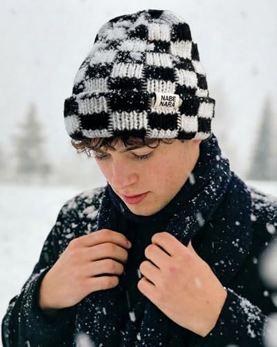 CLAPE Womens Cute Slouchy Beanies Hats, Winter Warm Chunky Checkered Beanie Large Cuff Knitted Hat Ski Cap for Cold Weather - color: Kh56-black-white