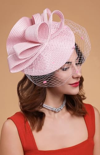 Kentucky Derby Fascinators for Women High Tea Party Hat Wedding Cocktail Flower Headware with Mesh and Feathers - color: Z-pink