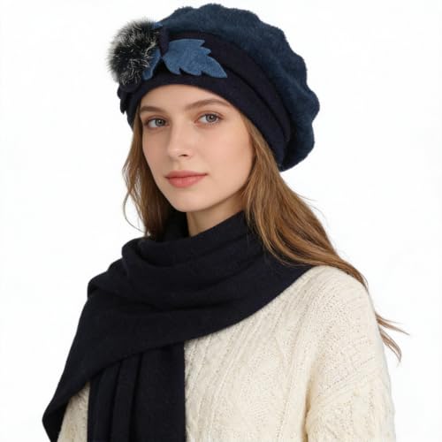 Women’s Vintage Wool Beret Winter Hats Elegant French Beret Beanie Dress Hat for Ladies - color: Br022-navy