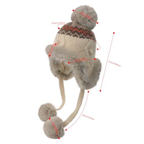 Women Winter Warm Knit Beanie Earflap Hat with Pompom Plush Lined Russian Ushanka Trapper Hat Thermal Windproof Ski Snow Cap - color: Beige