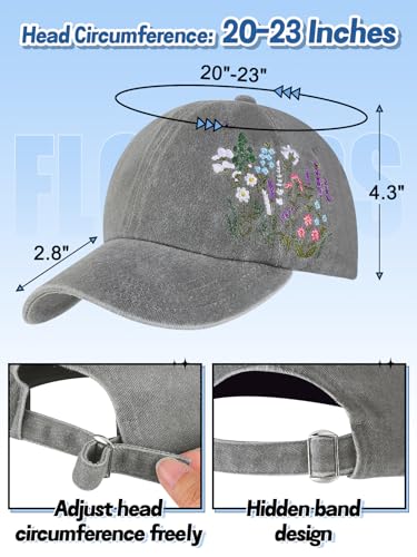 Trendy Handmade Embroidered Baseball Cap for Girls Women, Vintage Wash - style: Romantic Floral