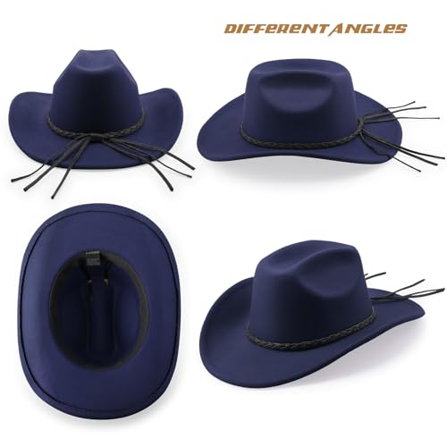 DRESHOW Western Cowboy Hat for Men Women Cowboy Cowgirl Hat Outdoor Wide Brim Retro Felt Fedora Hats Unisex Rolled up Caps - color: 1 Pack Style 9: Navy Blue With Braided Band