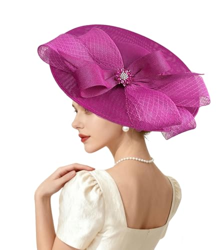 Kgromfy Women's Wide Brim Fascinator Hat Tea Party Headband Large Vintage Church Hat Lady Headwear for Derby Wedding Cocktail - color: Rose Red